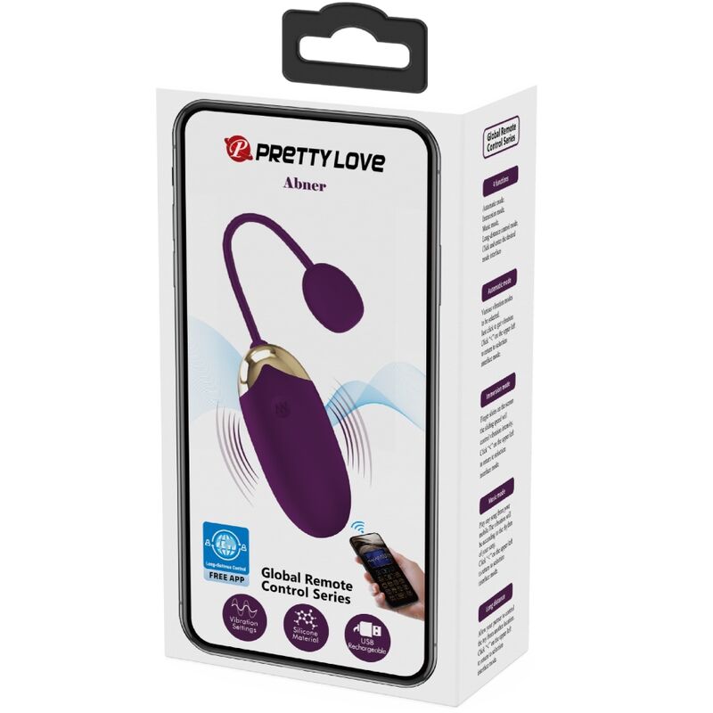 Caja del producto Pretty Love Abner en blanco con ilustración del huevo vibrador lila y control por app.