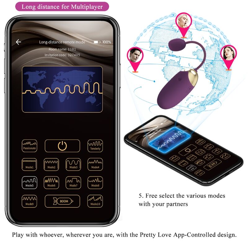 Gráfico promocional del Pretty Love Abner APP con app de control remoto y huevo vibrador lila.