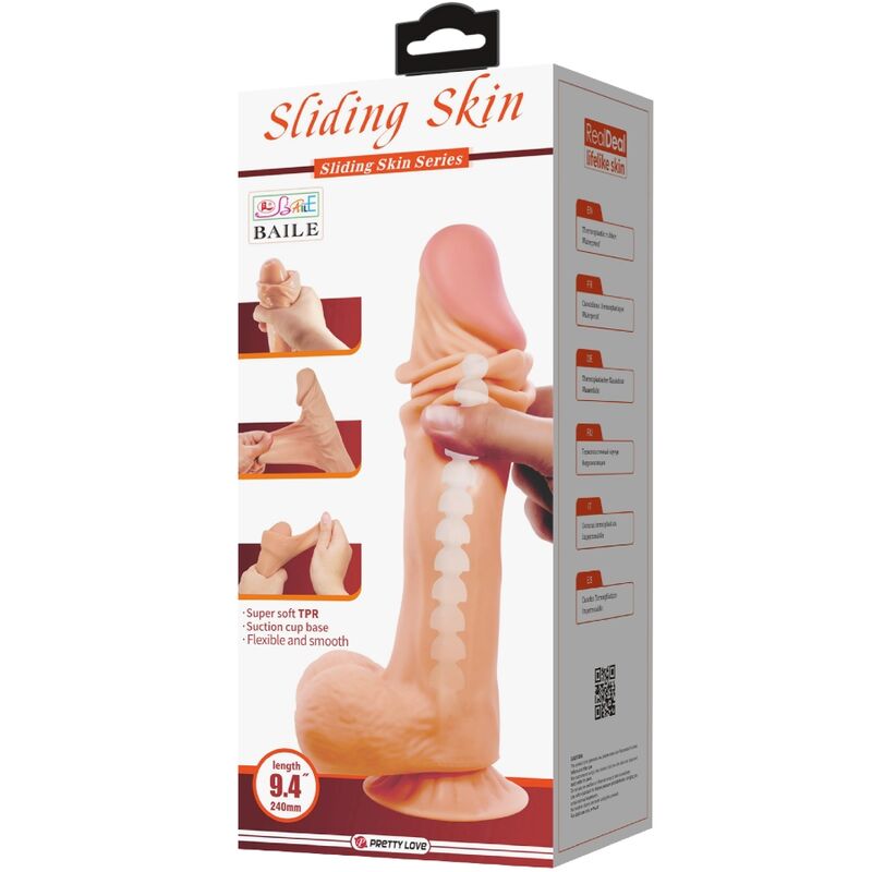 Caja del producto Pretty Love Sliding Skin Series con ilustración del dildo y ventosa
