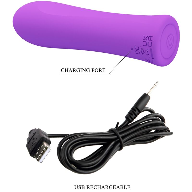 Detalle del vibrador Alfreda morado con puerto de carga y cable USB.