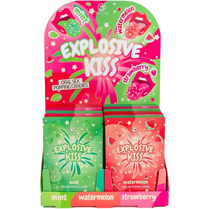 Expositor Secretplay Cosmetic Explosive Kiss con sobres de popping candy de menta, sandía y fresa.
