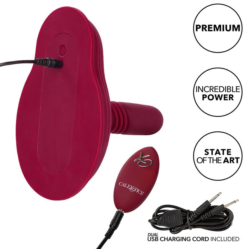 Masajeador CalExotics Rider rojo con mando y cable de carga USB.