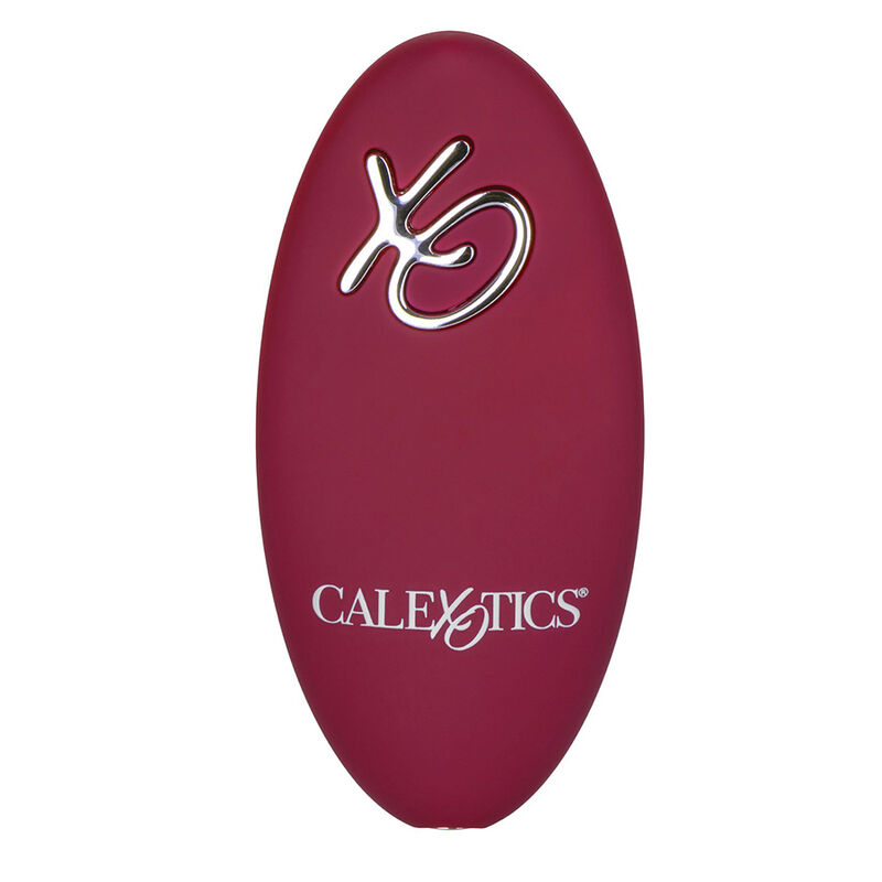 Masajeador CalExotics rojo de forma ovalada, vista frontal con el logotipo visible