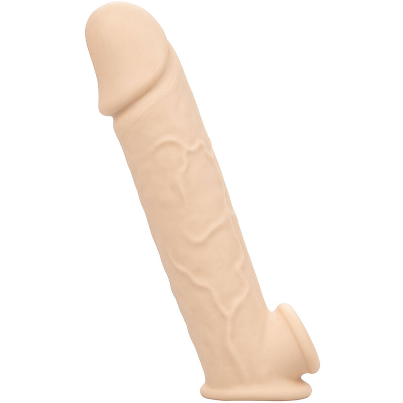 Detalle de la extensión para pene CalExotics Performance Maxx, en tono piel clara y vista lateral.
