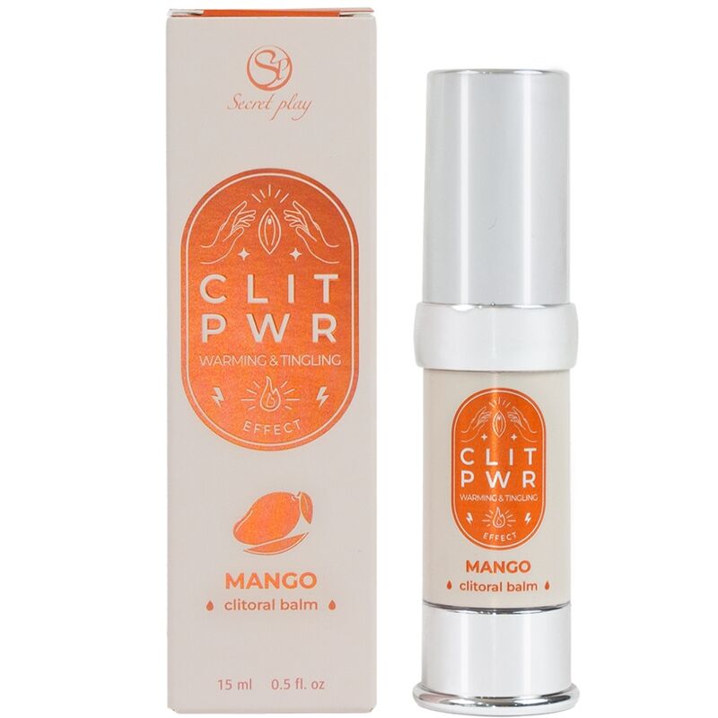 Secret Play Clit Pwr bálsamo clitoriano Mango con su caja del producto.