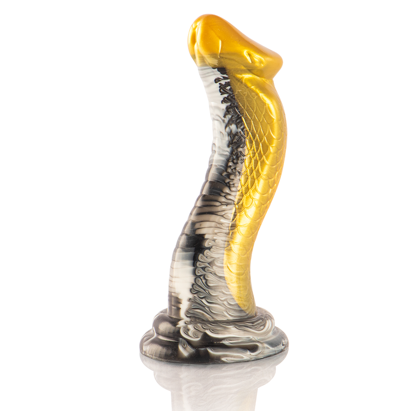 EPIC Drakon Dildo Cobra amarillo, vista frontal con acabado marmoleado y base ensanchada.