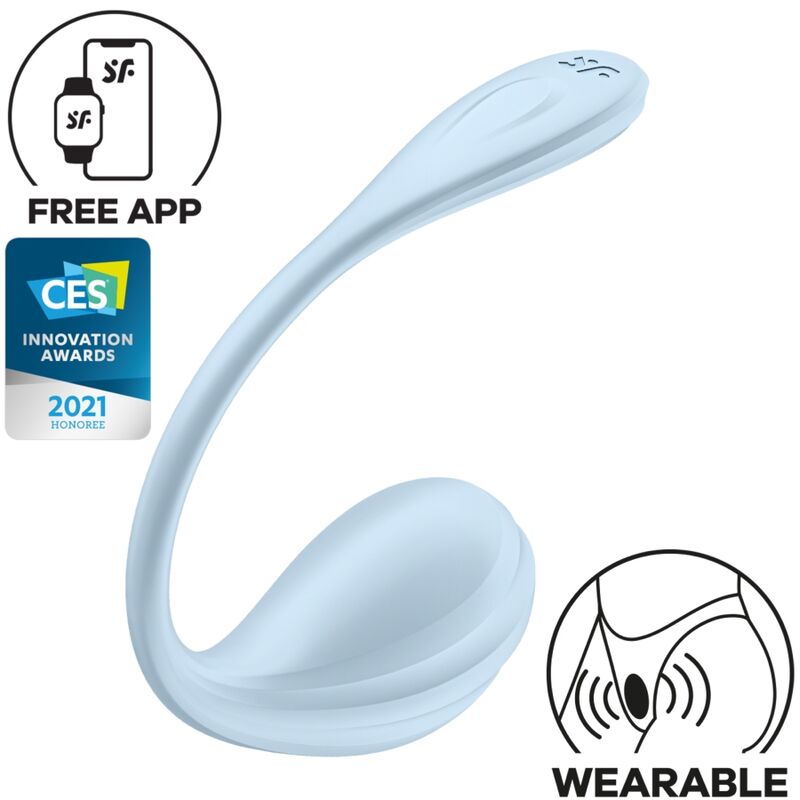 Satisfyer Smooth Petal azul cielo, vista frontal con iconos de app y wearable.