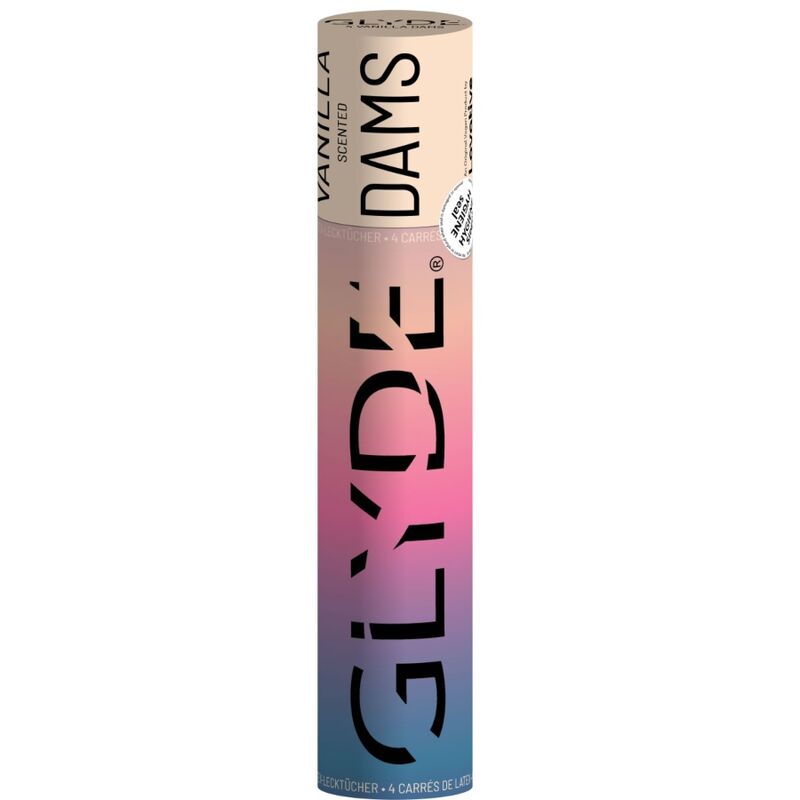 Envase cilíndrico de Sheer Glyde DAMS con diseño degradado rosa y azul, sabor vainilla.