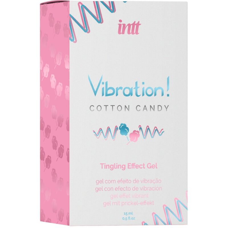 Caja del producto INTT Unisex Arousal Gel Vibration! Cotton Candy, en blanco y rosa.