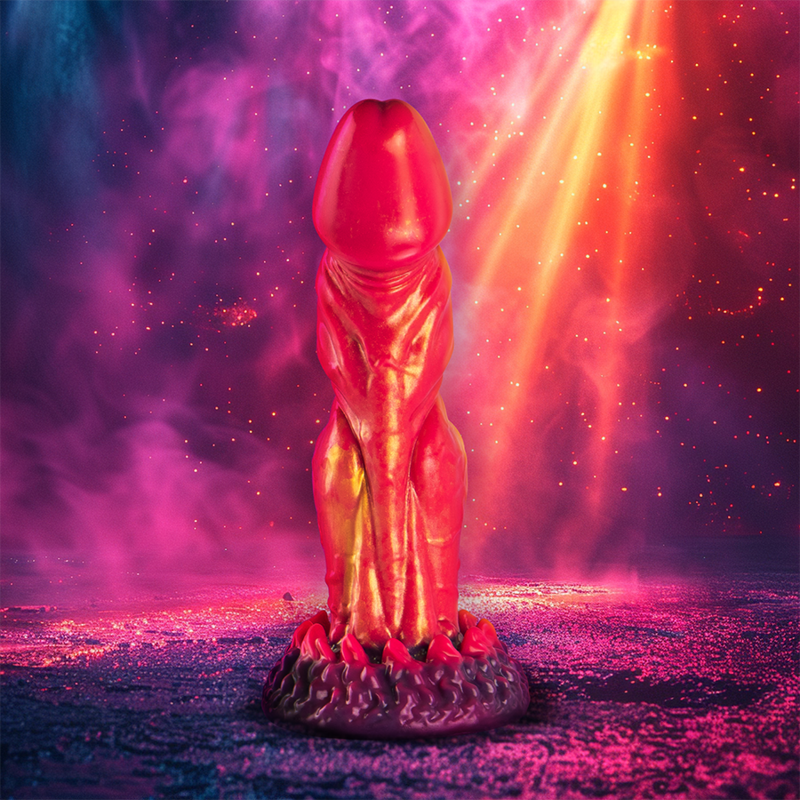 Dildo EPIC Cerberus Mythological Fire en rojo y dorado, vista frontal.