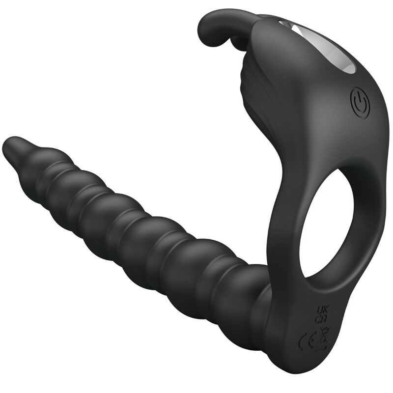 Pretty Love Blackney en negro, anillo para pene con plug vibrador y detalle acanalado.