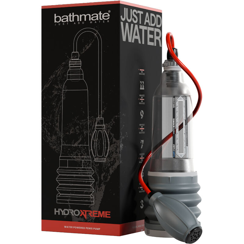 Bathmate HydroXtreme 8 con caja del producto y bomba transparente.