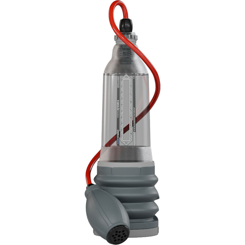 Bomba hidro Bathmate HydroXtreme 8 gris, vista frontal con tubo rojo y base de bombeo.
