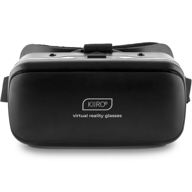 Visor de realidad virtual KIIROO negro, vista frontal con correa ajustable.