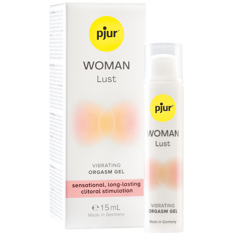 PJUR Woman Lust gel vibratorio en caja y botella de 15 ml.
