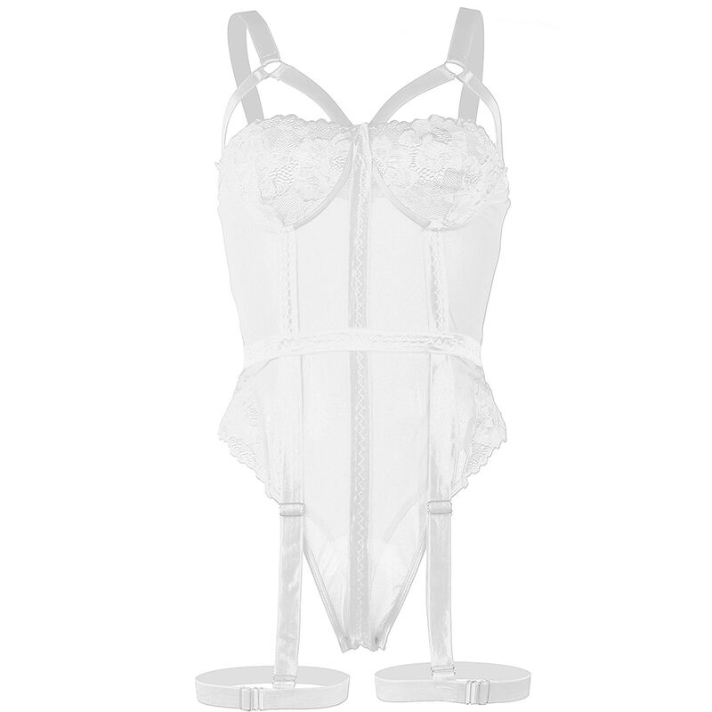 Subblime Bodies teddy de encaje blanco con liguero integrado, vista frontal.