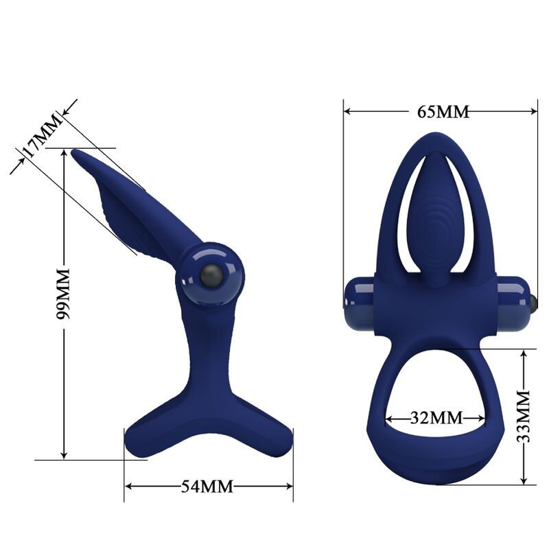 Guia de medidas del anillo doble Pretty Love Mat en azul, vista lateral y frontal con dimensiones en milimetros.