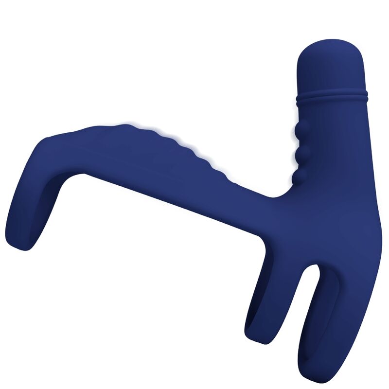 Anillo vibrador Pretty Love Elish azul con funda extensora, vista lateral.