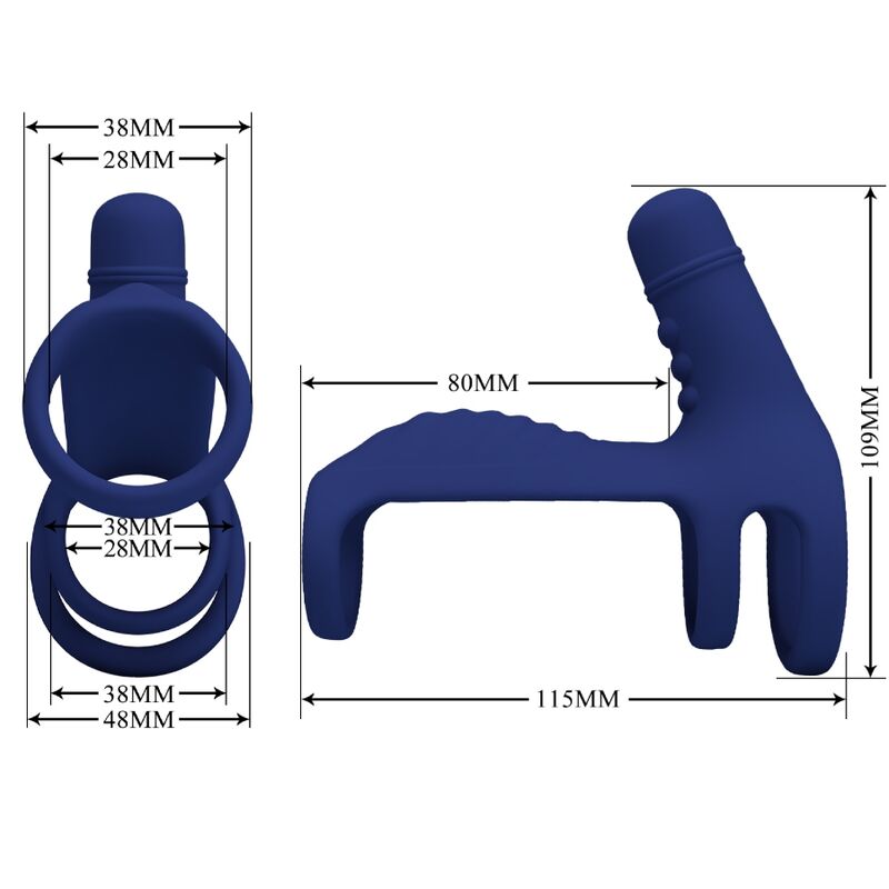Guía de medidas del Pretty Love Elish en azul, con vistas frontal y lateral y dimensiones en milímetros.