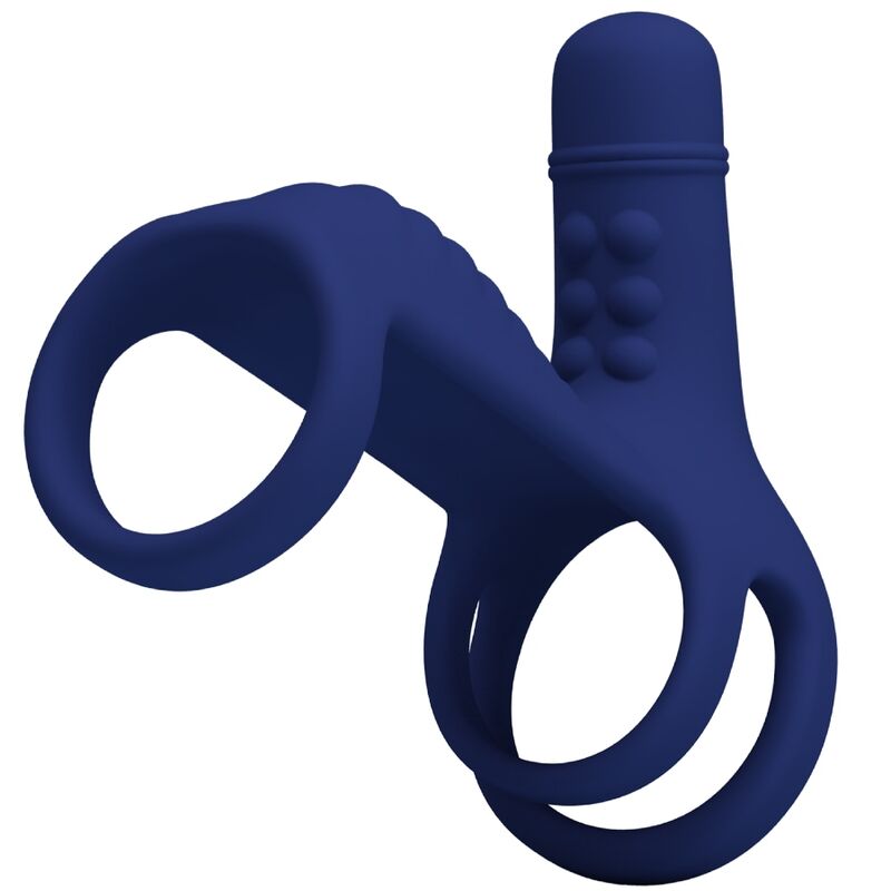 Pretty Love Elish anillo vibrador azul con funda extensora y anillo doble.