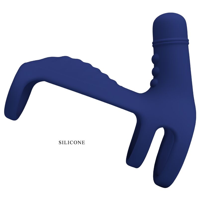 Detalle del Pretty Love Elish en silicona azul, con brazo extensible curvado.
