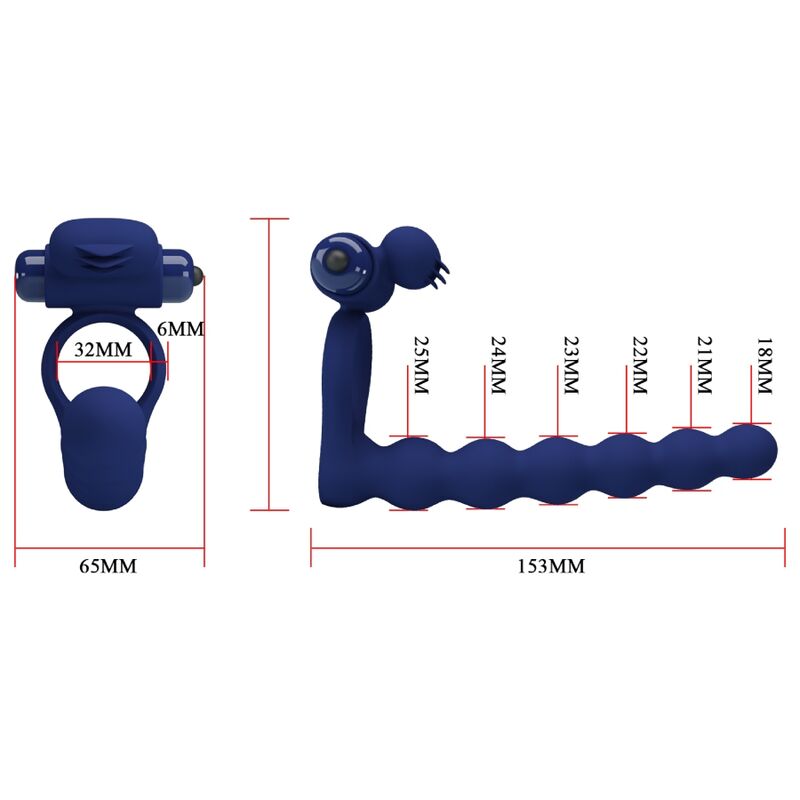 Guía de medidas del anillo vibrador azul PRETTY LOVE AJMAL con plug, vista frontal y lateral.