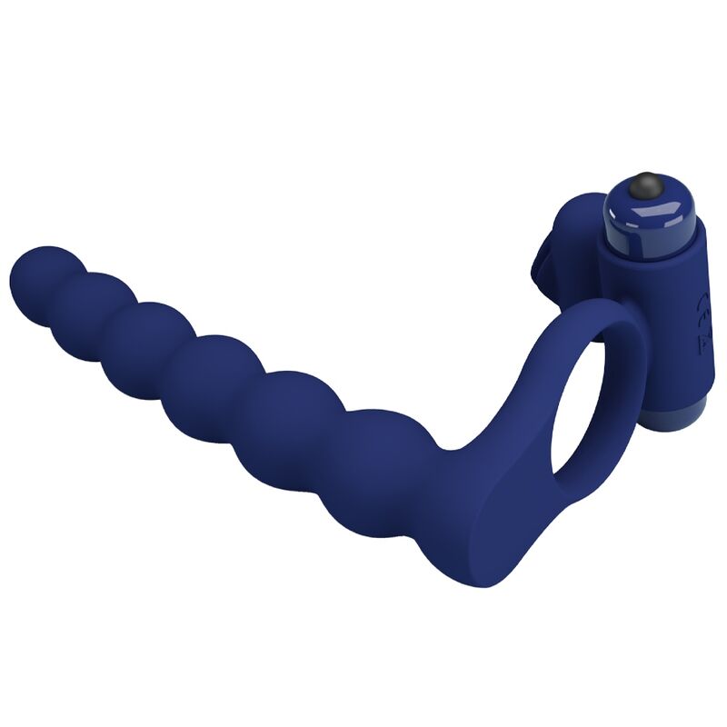 Detalle del anillo vibrador Pretty Love Ajmal en azul, con extremo motorizado y zona acanalada.