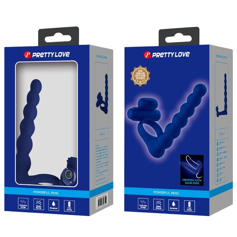 Caja del producto Pretty Love con anillo vibrador azul y ventana frontal.