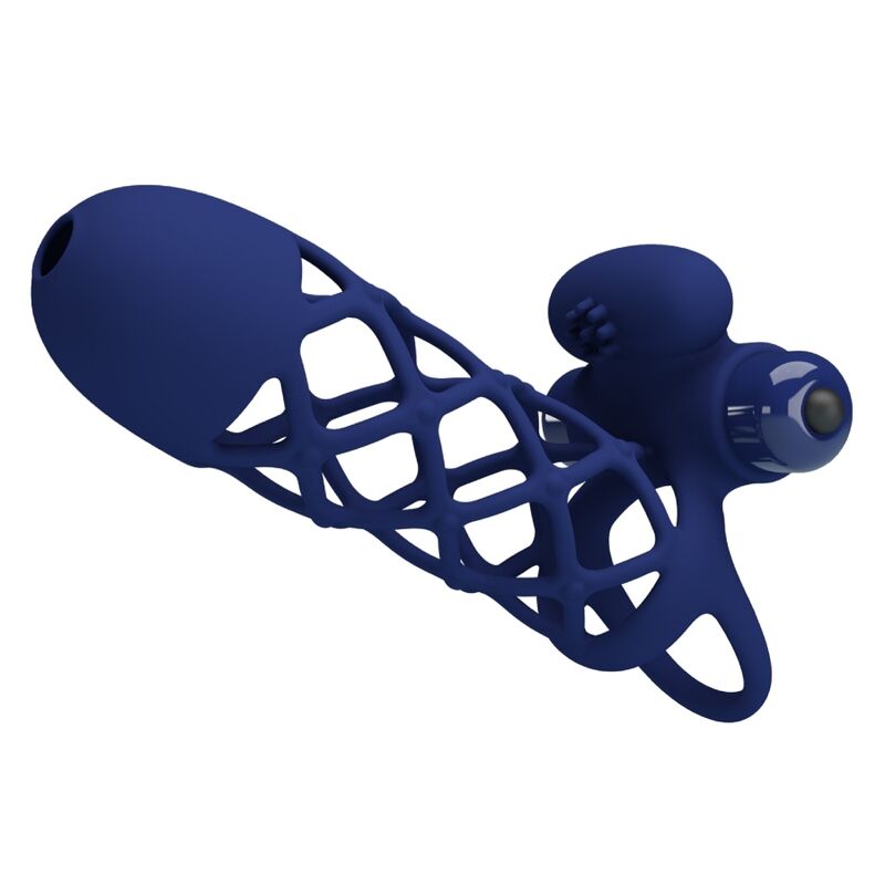 Funda vibradora para pene azul con anilla y diseño de rejilla.