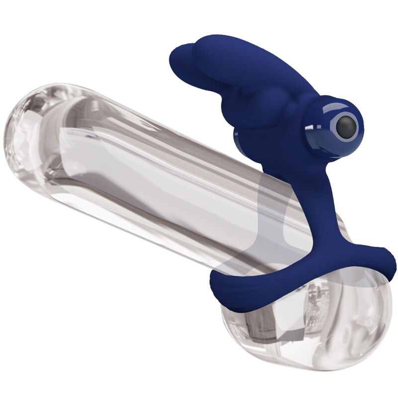 Detalle del anillo vibrador doble Pretty Love Francisco en azul y transparente, con forma rabbit.