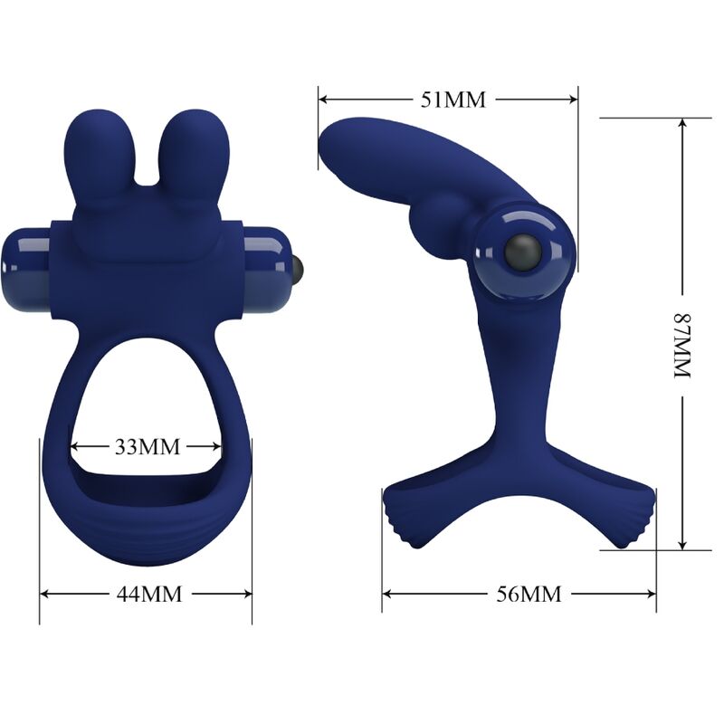 Guía de medidas del anillo vibrador doble Pretty Love Francisco en azul, con vista frontal y lateral.