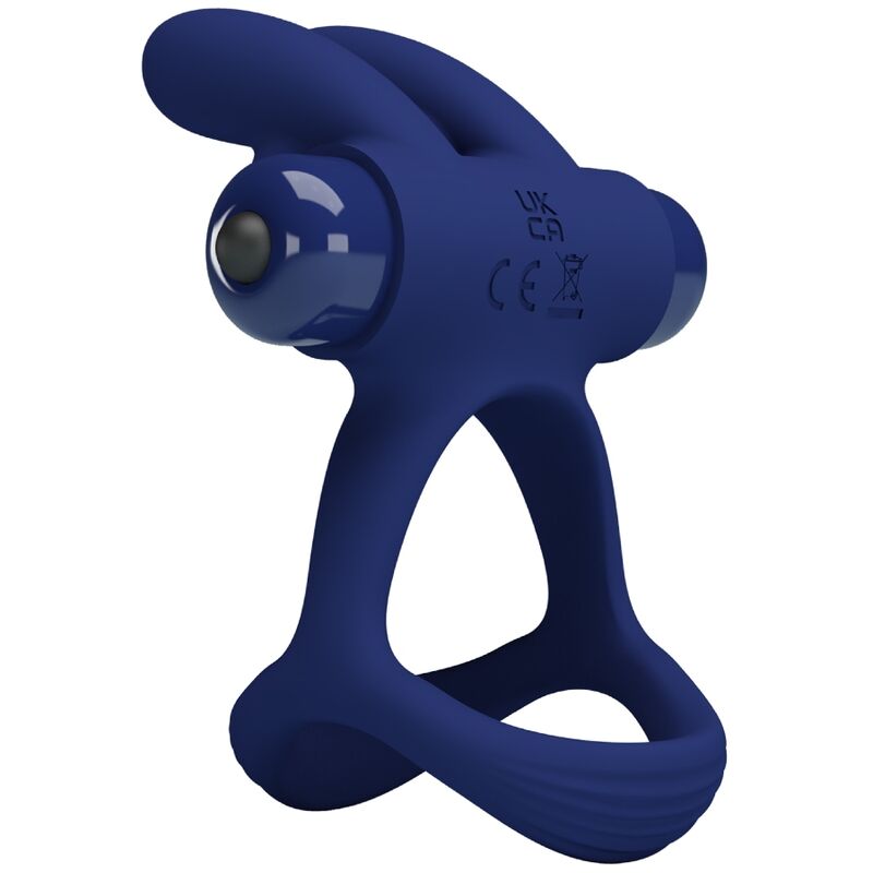 Anillo vibrador doble estilo rabbit en azul, vista lateral.