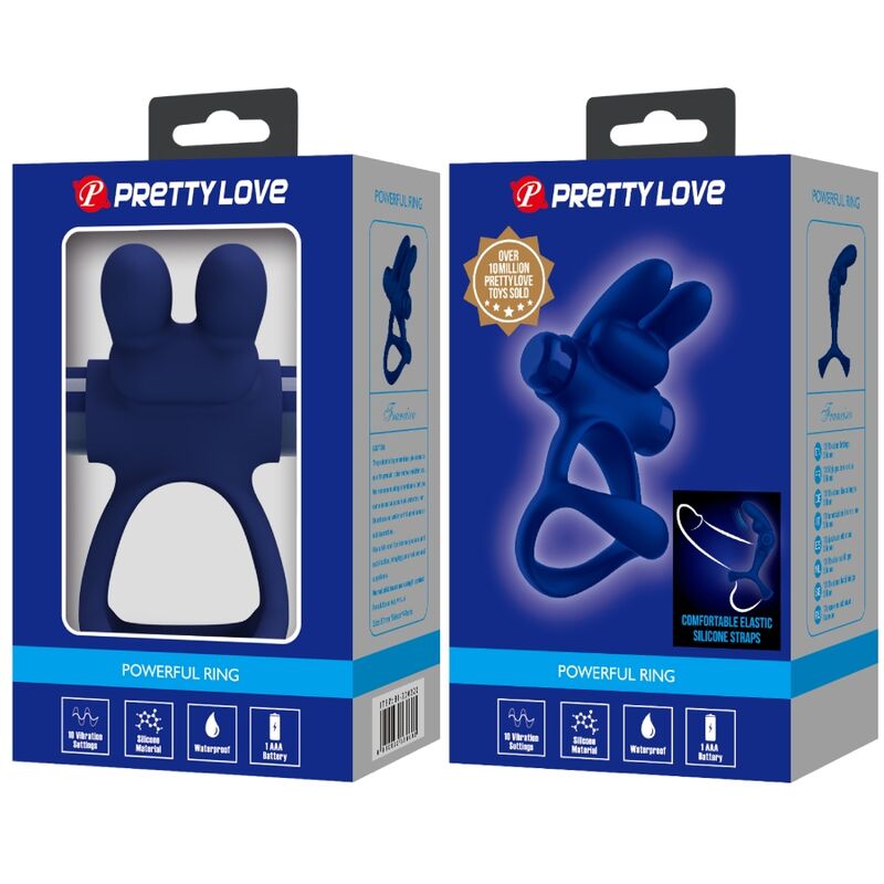 Caja del producto Pretty Love Francisco en azul, con ventana frontal y la figura del anillo vibrador visible.