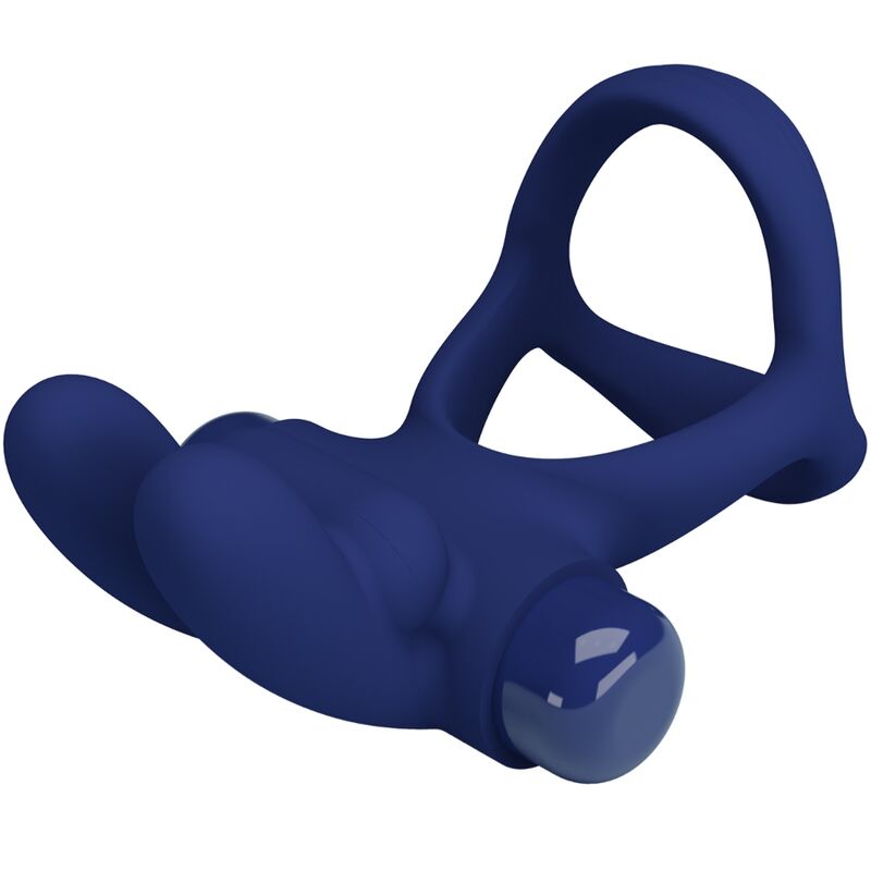 Detalle del anillo vibrador doble Pretty Love Francisco en azul, con forma rabbit.