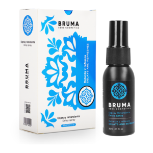 Bruma spray retardante con caja del producto y frasco negro.
