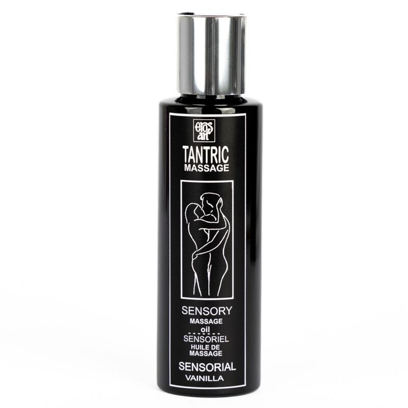 EROS-ART Aceite de masaje tántrico Vainilla en botella negra con tapón plateado.