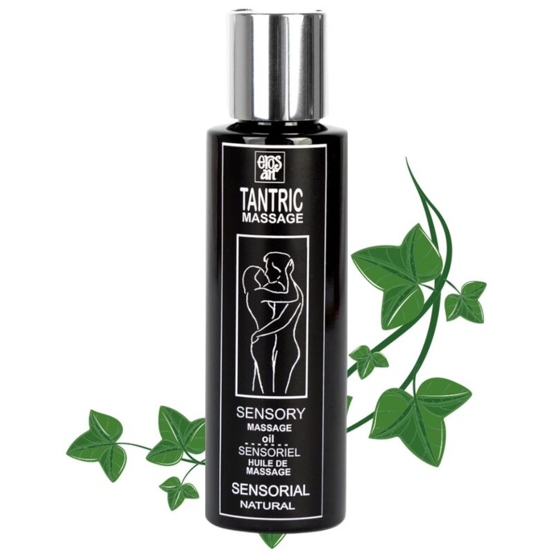 Aceite de masaje tántrico EROS-ART en botella negra con tapón plateado.