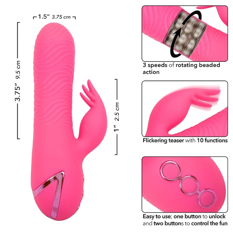 Guía de medidas del vibrador rabbit CalExotics Sacramento Sweetie en rosa, con detalles de funciones.