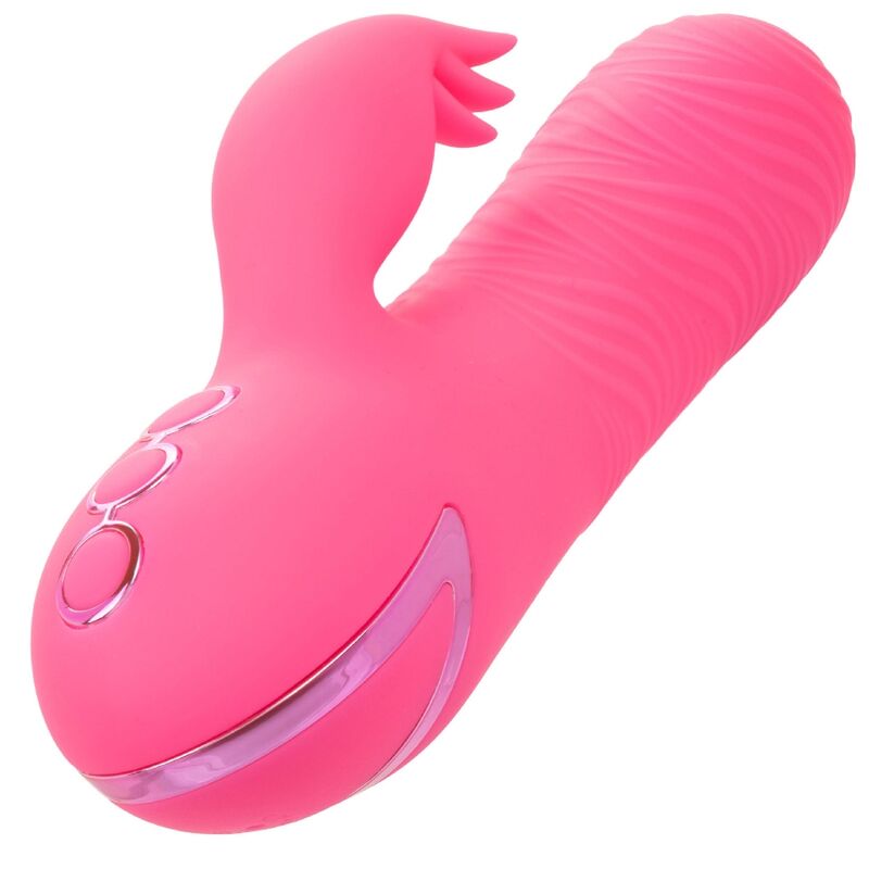 Detalle del vibrador rabbit CalExotics Sacramento Sweetie rosa con tres botones visibles.