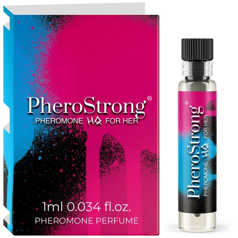 PheroStrong HQ perfume con feromonas para ella, con caja rosa y azul y vial de 1 ml.