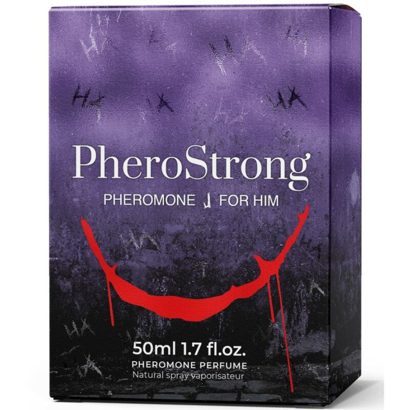 Caja del perfume PheroStrong J con diseño morado y detalle rojo en el frontal.