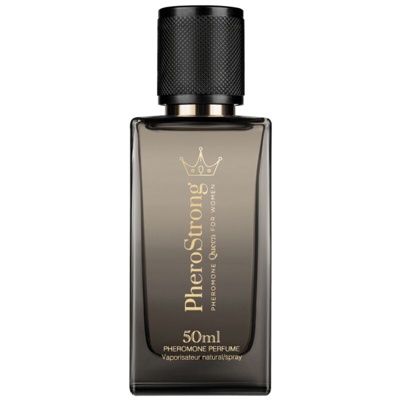 Perfume Pherostrong Queen para mujer, en frasco negro de 50 ml con tapón texturizado.