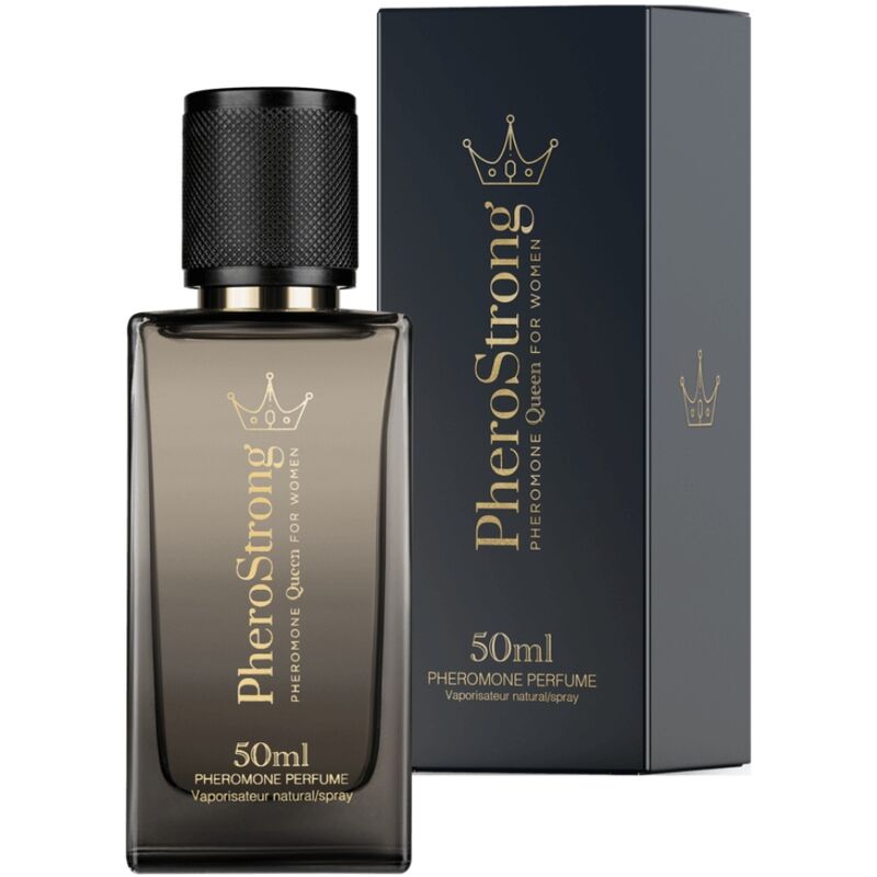Perfume Pherostrong Queen para mujer, con frasco negro y caja del producto a juego.