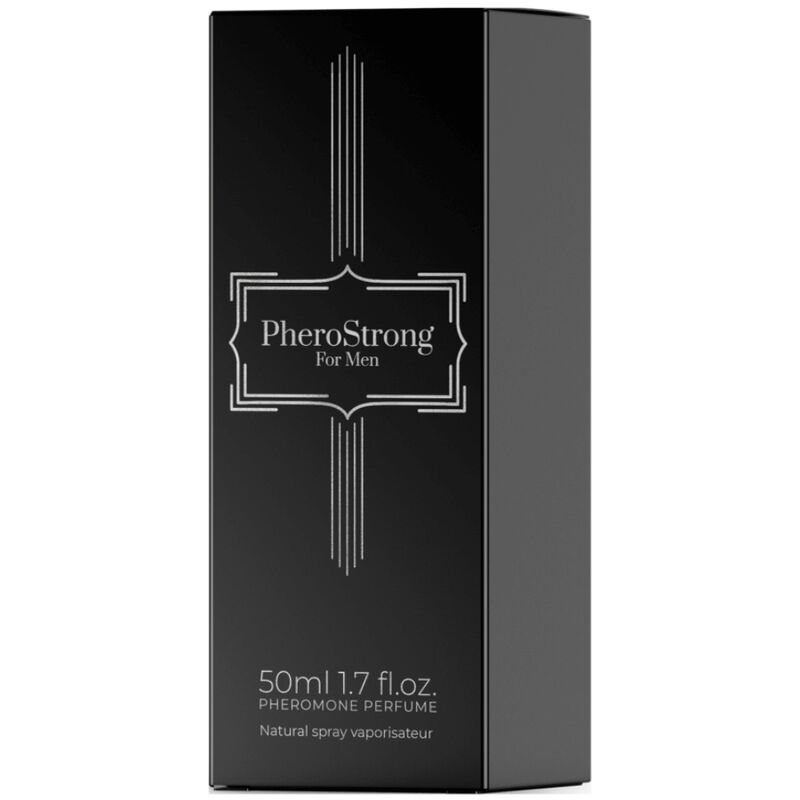 Caja del producto PheroStrong For Men en negro, con diseño plateado y 50 ml visibles.