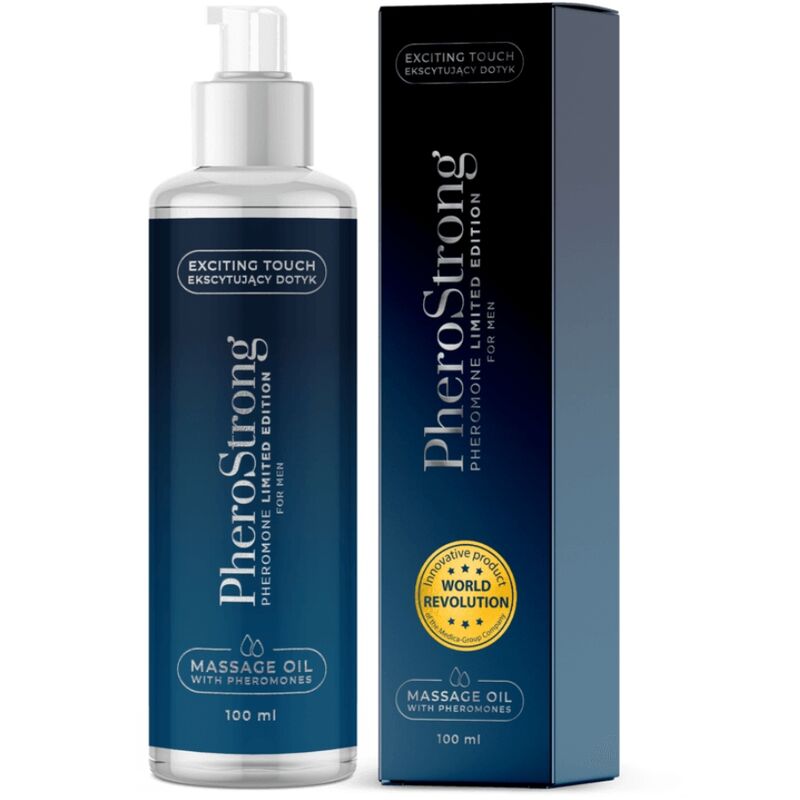 PHEROSTRONG Aceite de masaje para hombres en frasco azul con caja del producto.