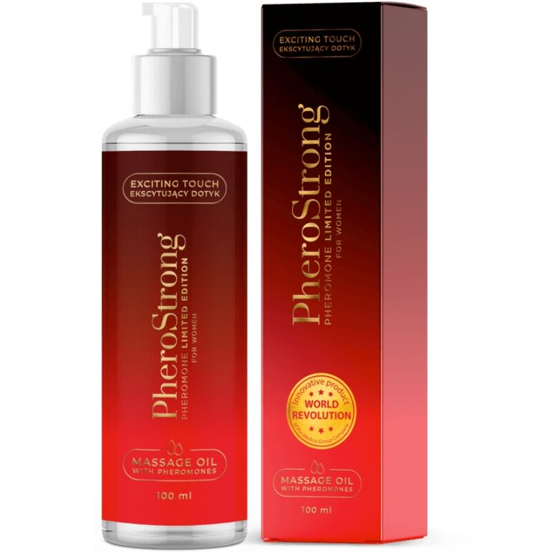 Aceite de masaje PheroStrong para mujer con botella y caja rojas, 100 ml