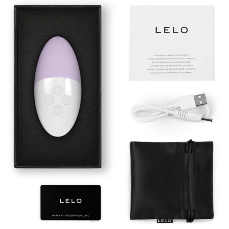 LELO SIRI 3 en su caja, con cable USB, manual, funda y tarjeta de garantía.