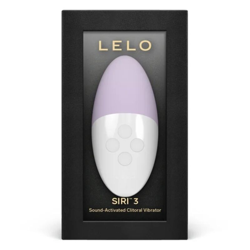 Caja del producto LELO SIRI 3 en lavanda y blanco, vista frontal.
