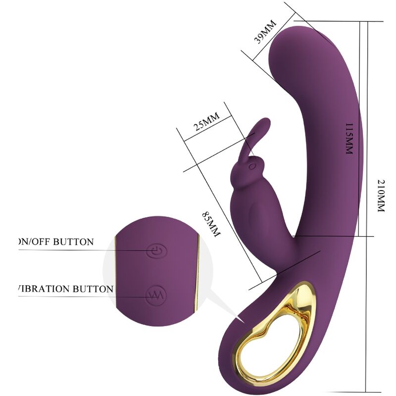 Guía de medidas del vibrador rabbit Pretty Love Liam morado con detalle de botones y aro dorado.