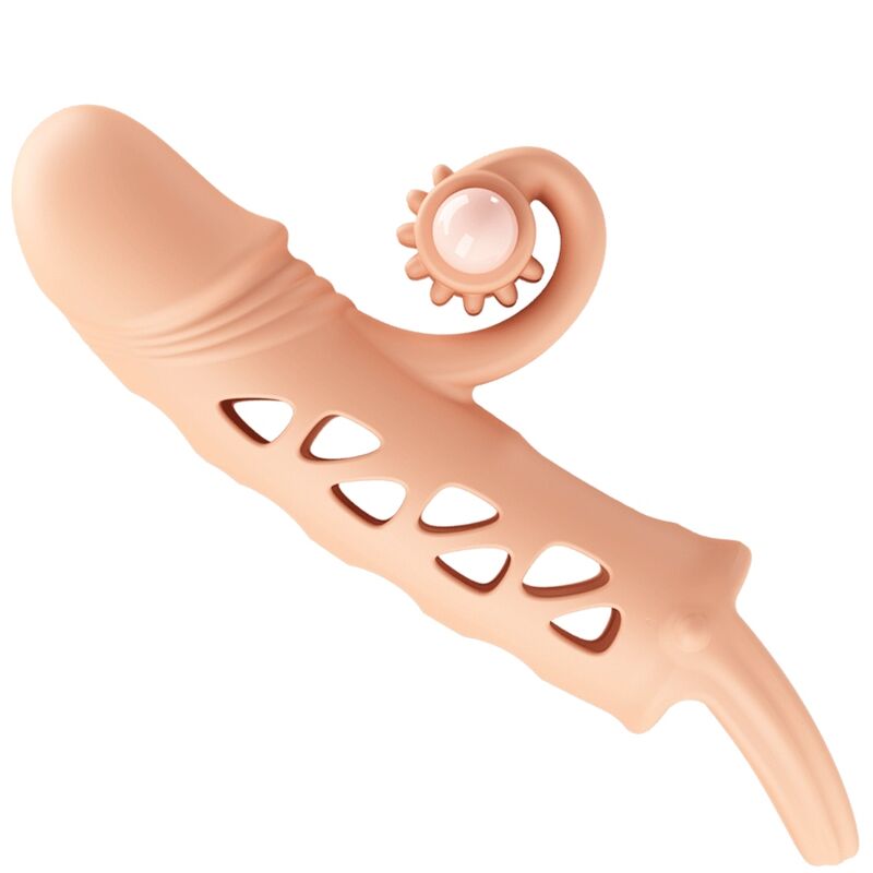 ROMANCE manga extendida natural en tono carne, con forma curva y aberturas laterales.